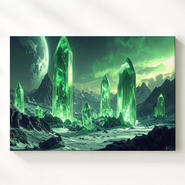 Crystal Alien Landscape Canvas – Towering Green Crystals and Rugged Mountains - Gifitto