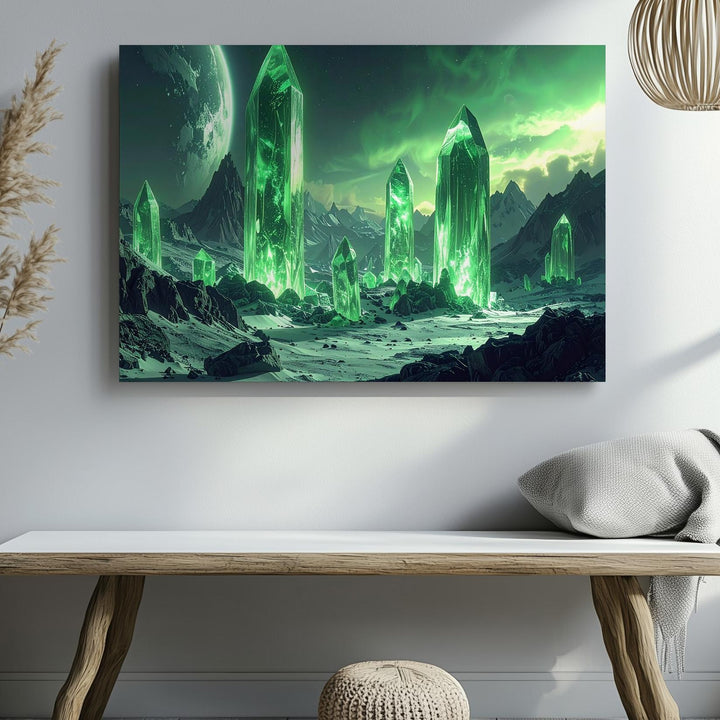 Crystal Alien Landscape Canvas – Towering Green Crystals and Rugged Mountains - Gifitto