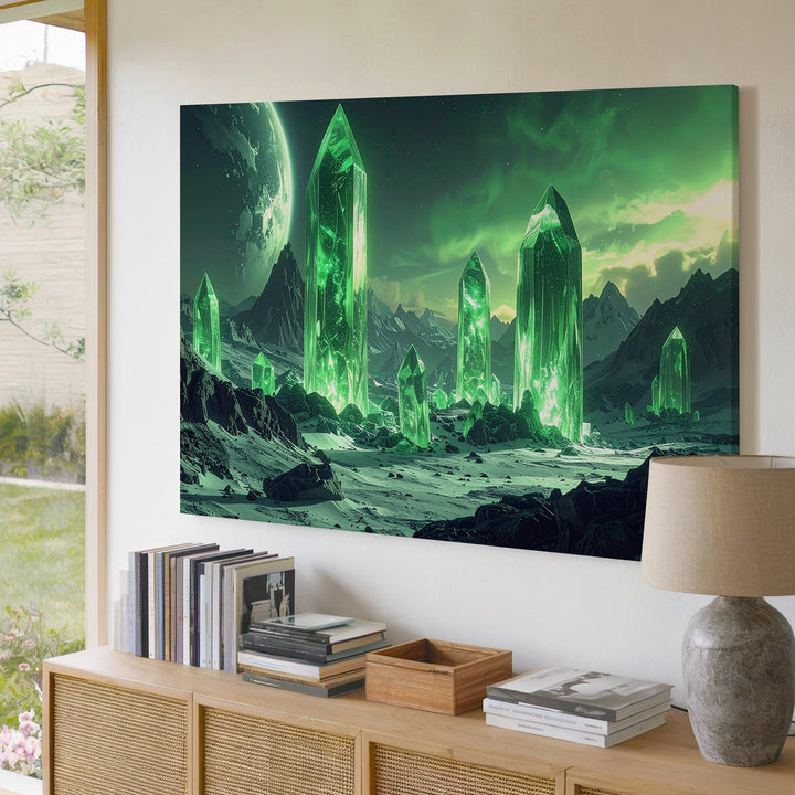 Crystal Alien Landscape Canvas – Towering Green Crystals and Rugged Mountains - Gifitto