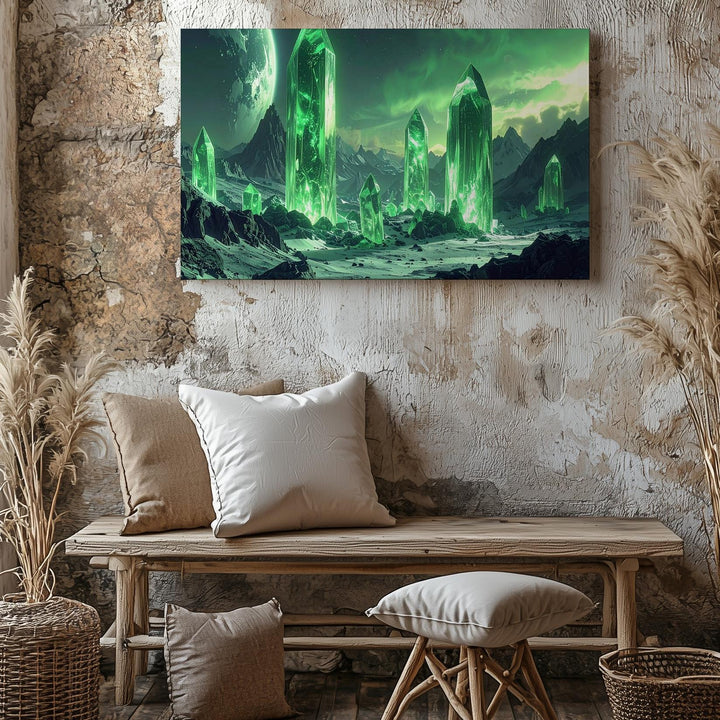 Crystal Alien Landscape Canvas – Towering Green Crystals and Rugged Mountains - Gifitto