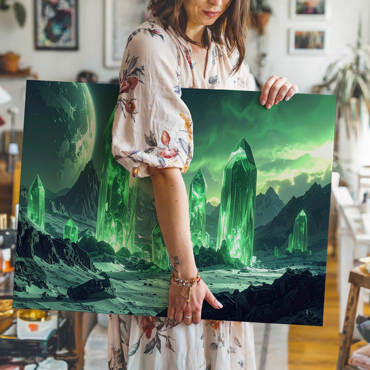 Crystal Alien Landscape Canvas – Towering Green Crystals and Rugged Mountains - Gifitto
