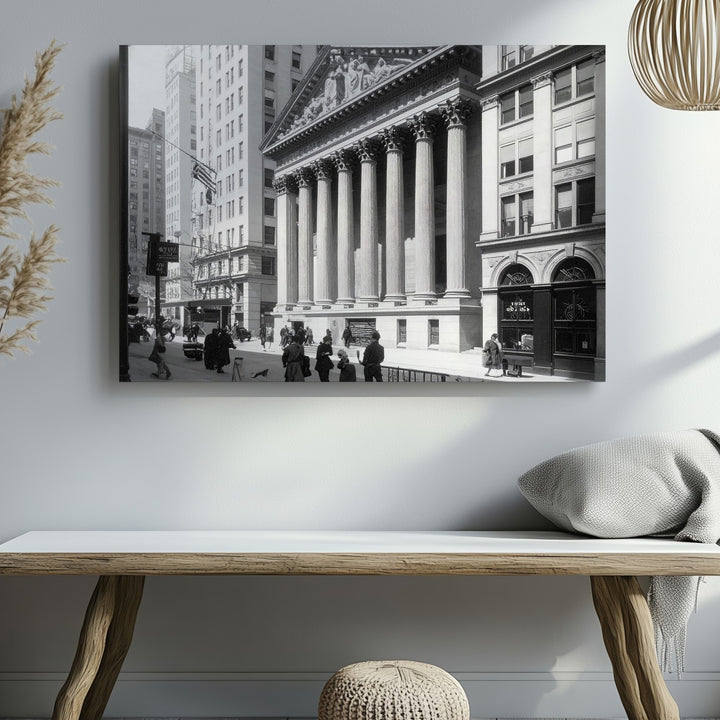 Historic Wall Street Illustration Canvas – Black & White Neoclassical City Scene - Gifitto
