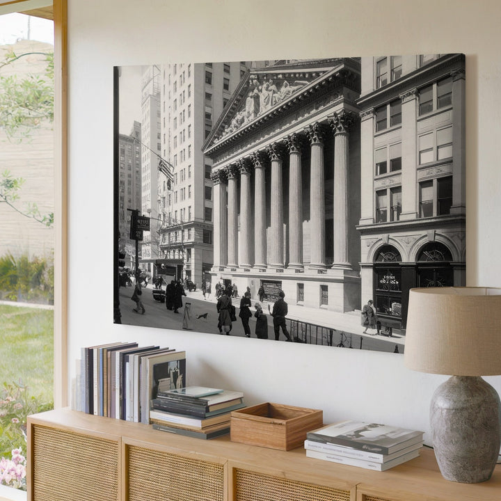 Historic Wall Street Illustration Canvas – Black & White Neoclassical City Scene - Gifitto