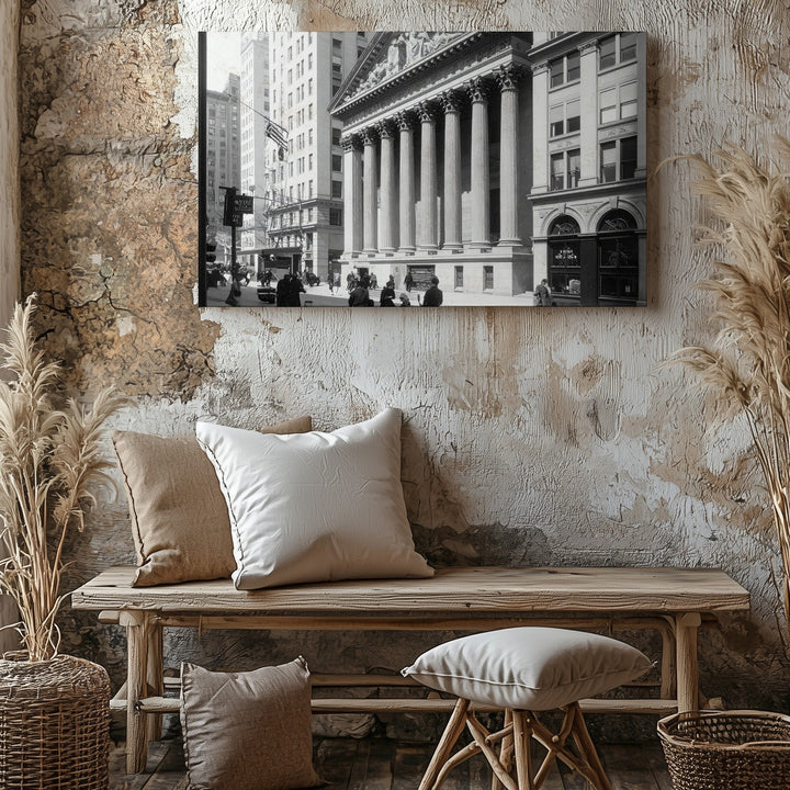 Historic Wall Street Illustration Canvas – Black & White Neoclassical City Scene - Gifitto