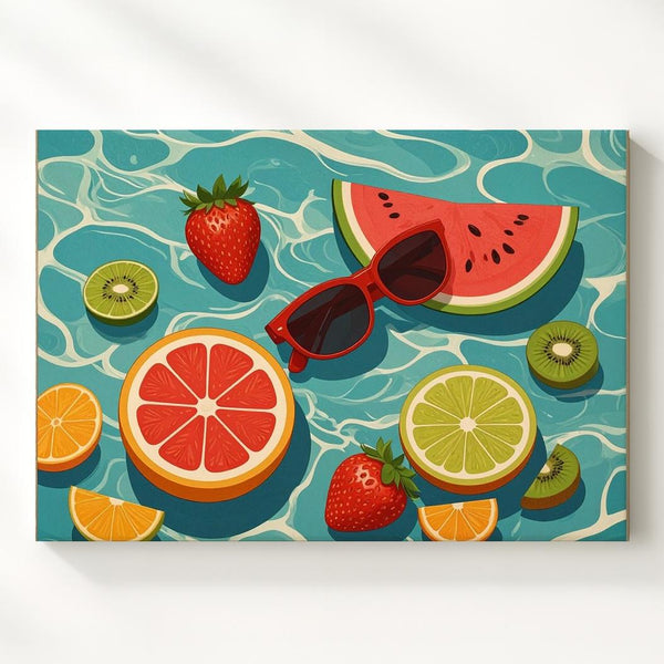 Tropical Poolside Canvas – Playful Floating Fruit & Sunglasses Illustration - Gifitto