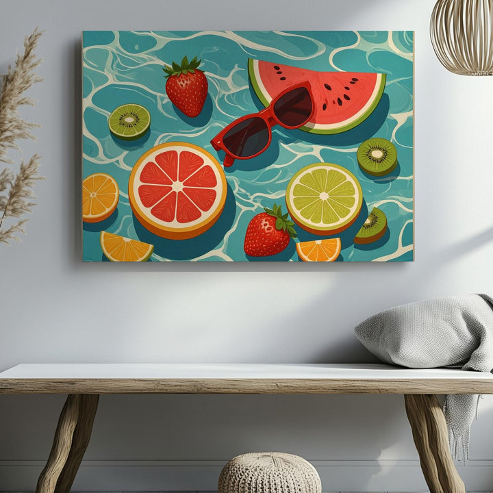 Tropical Poolside Canvas – Playful Floating Fruit & Sunglasses Illustration - Gifitto