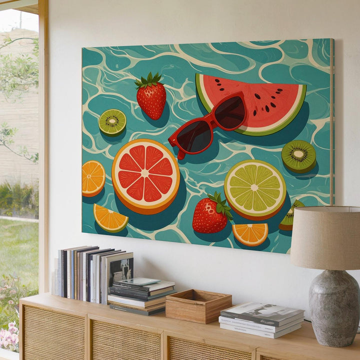 Tropical Poolside Canvas – Playful Floating Fruit & Sunglasses Illustration - Gifitto