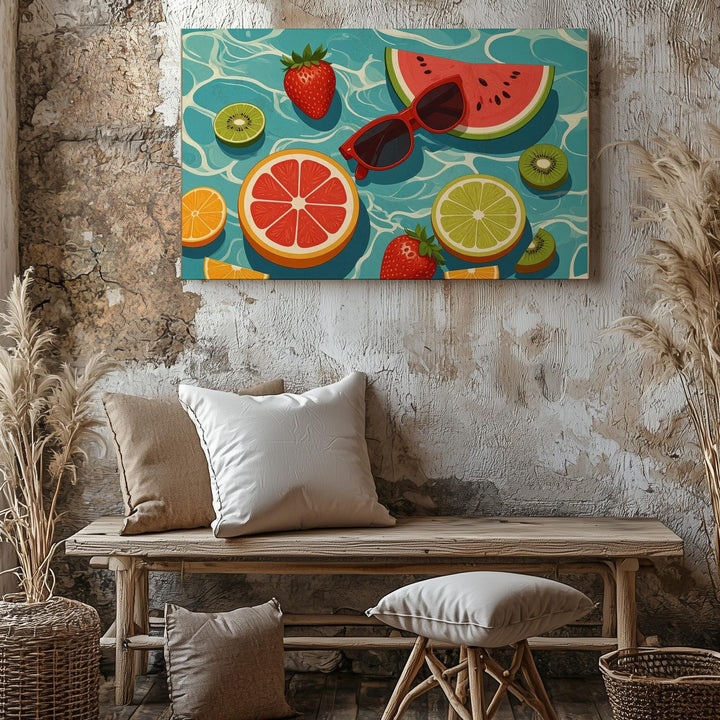 Tropical Poolside Canvas – Playful Floating Fruit & Sunglasses Illustration - Gifitto