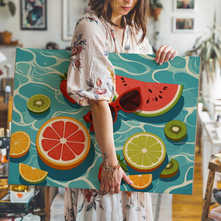 Tropical Poolside Canvas – Playful Floating Fruit & Sunglasses Illustration - Gifitto