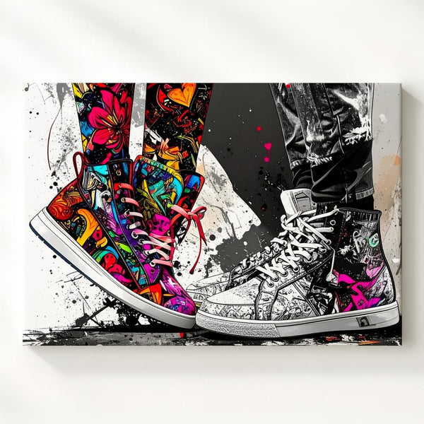 Opposites Attract Canvas – Mixed-Media Sneakers Art with Graffiti and Monochrome Styles - Gifitto