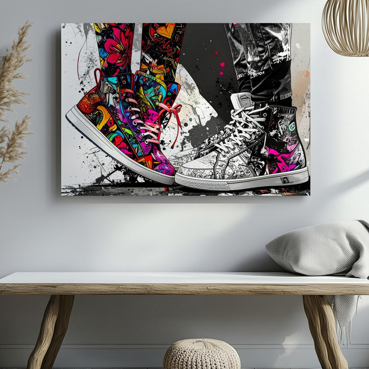 Opposites Attract Canvas – Mixed-Media Sneakers Art with Graffiti and Monochrome Styles - Gifitto