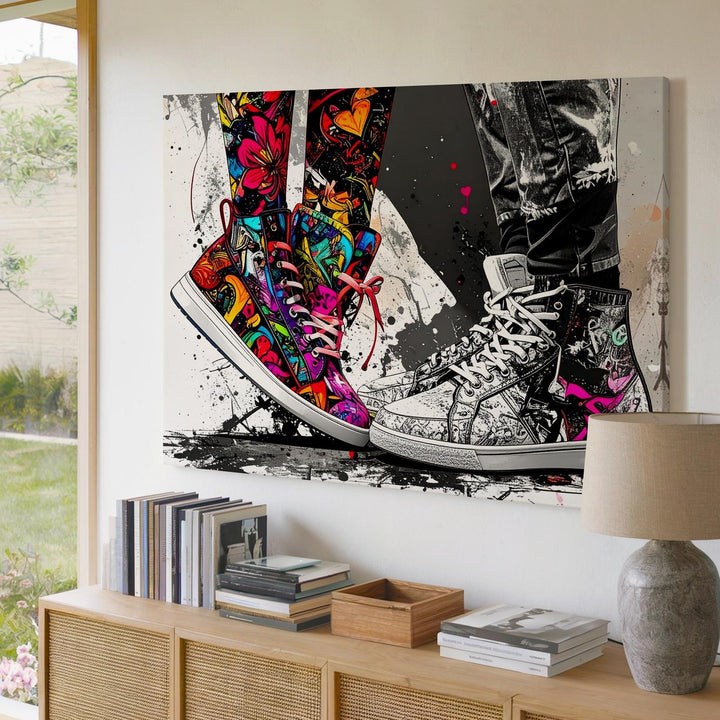 Opposites Attract Canvas – Mixed-Media Sneakers Art with Graffiti and Monochrome Styles - Gifitto