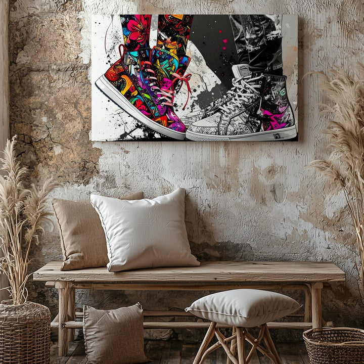 Opposites Attract Canvas – Mixed-Media Sneakers Art with Graffiti and Monochrome Styles - Gifitto
