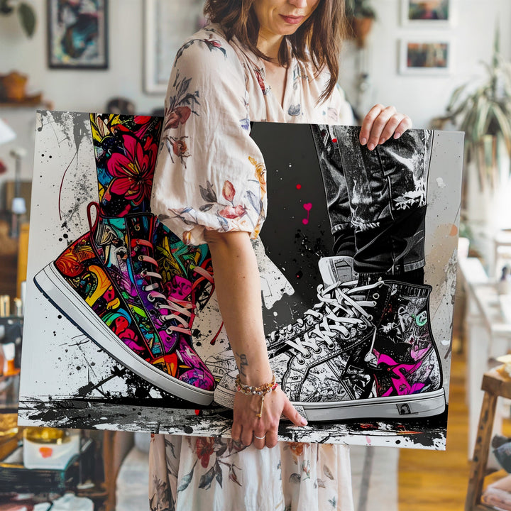 Opposites Attract Canvas – Mixed-Media Sneakers Art with Graffiti and Monochrome Styles - Gifitto