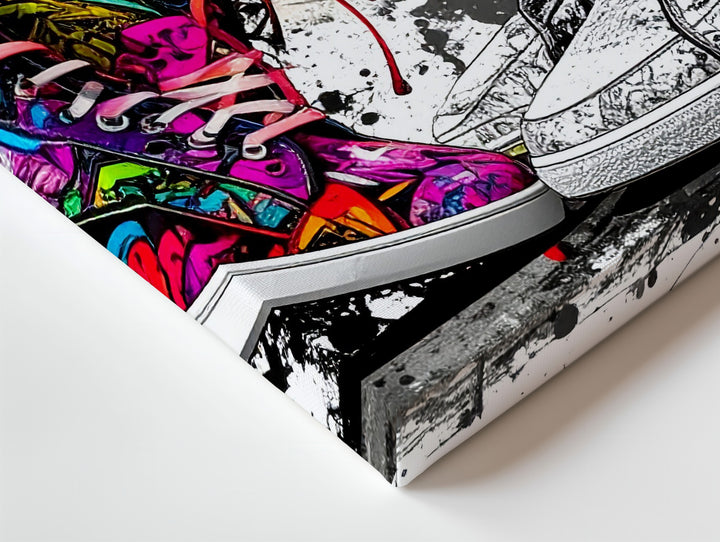 Opposites Attract Canvas – Mixed-Media Sneakers Art with Graffiti and Monochrome Styles - Gifitto
