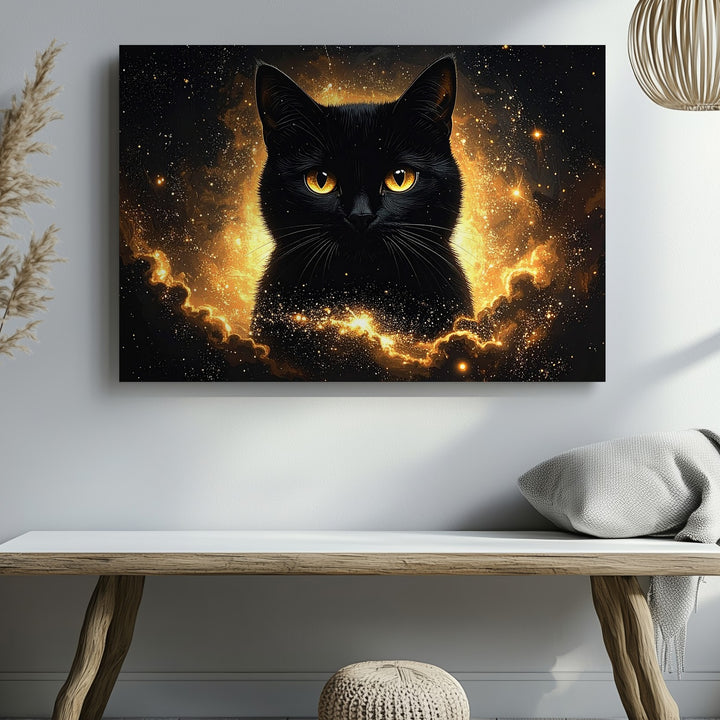 Cosmic Black Cat Canvas – Celestial Feline in Starry Void - Gifitto