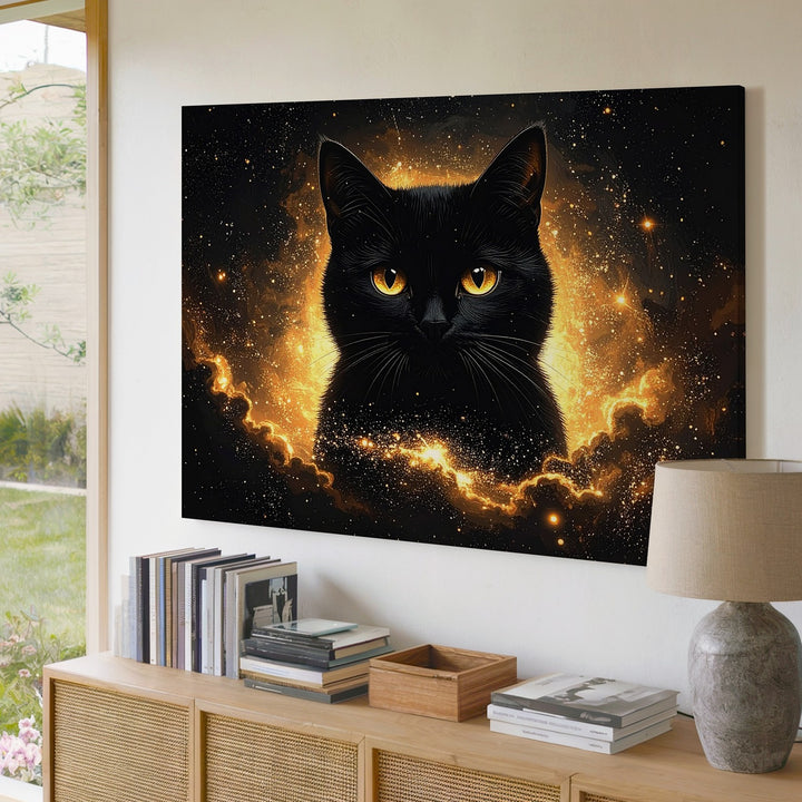 Cosmic Black Cat Canvas – Celestial Feline in Starry Void - Gifitto