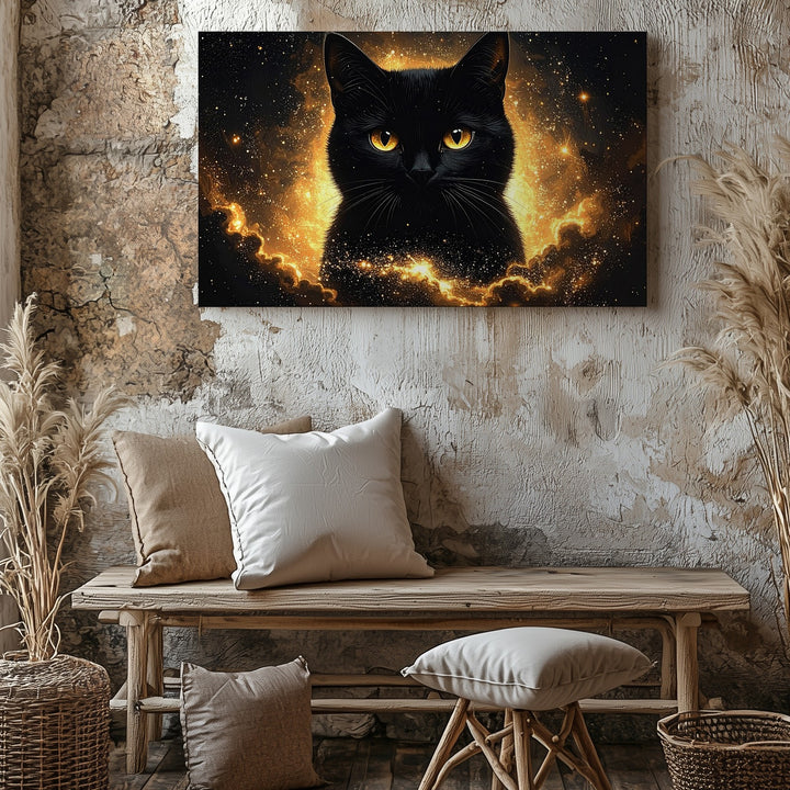 Cosmic Black Cat Canvas – Celestial Feline in Starry Void - Gifitto