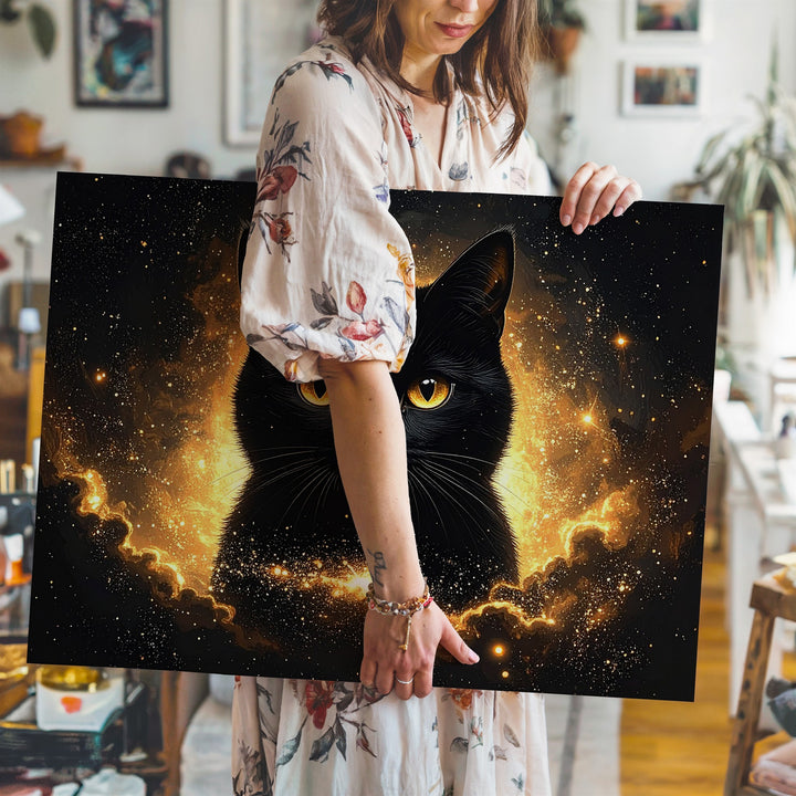 Cosmic Black Cat Canvas – Celestial Feline in Starry Void - Gifitto