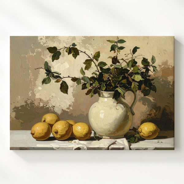 Rustic Lemon & Pitcher Canvas – Subdued Still Life with Earthy Elegance - Gifitto
