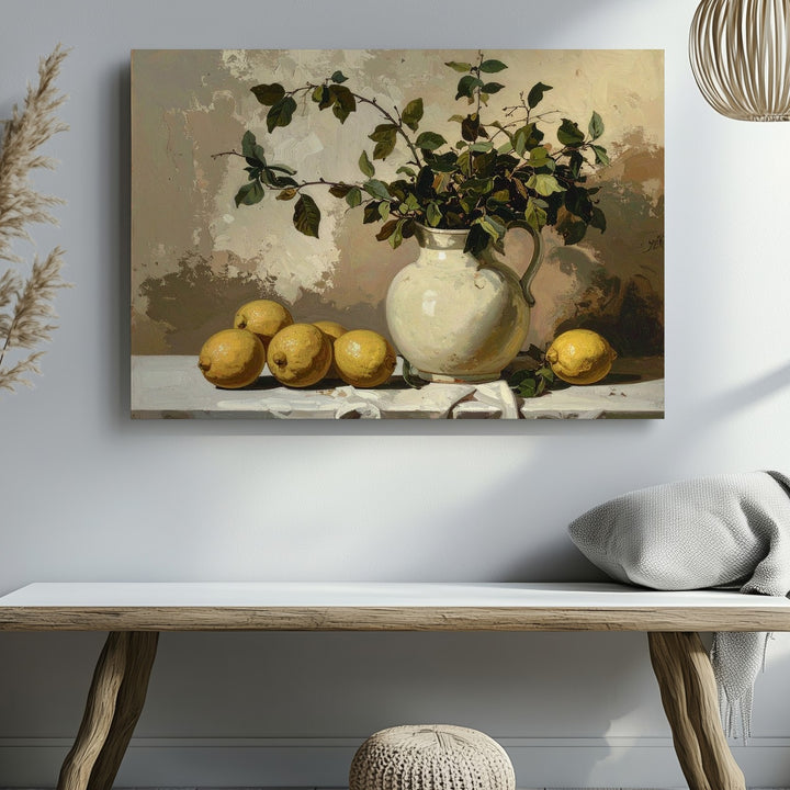 Rustic Lemon & Pitcher Canvas – Subdued Still Life with Earthy Elegance - Gifitto