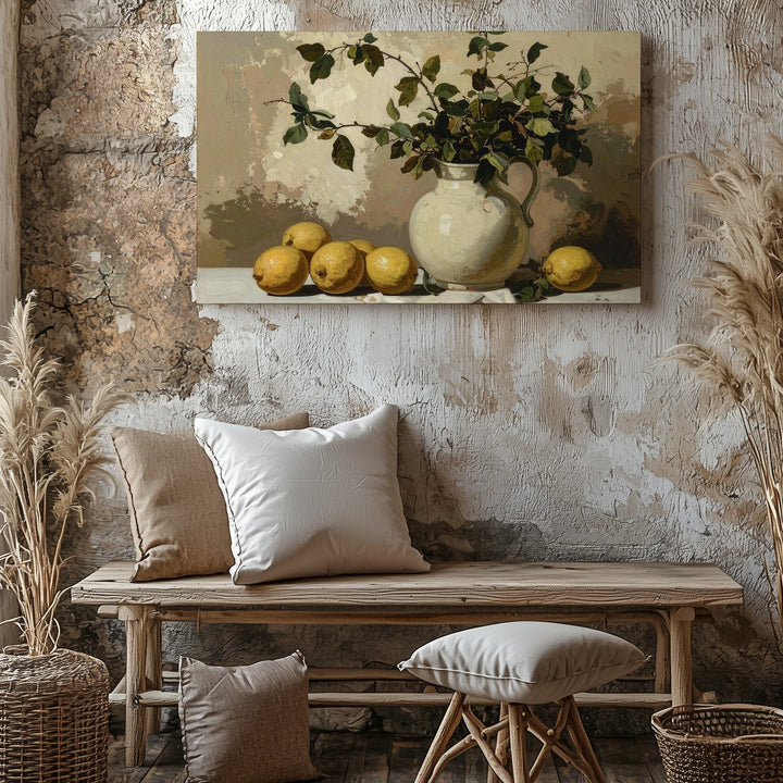 Rustic Lemon & Pitcher Canvas – Subdued Still Life with Earthy Elegance - Gifitto