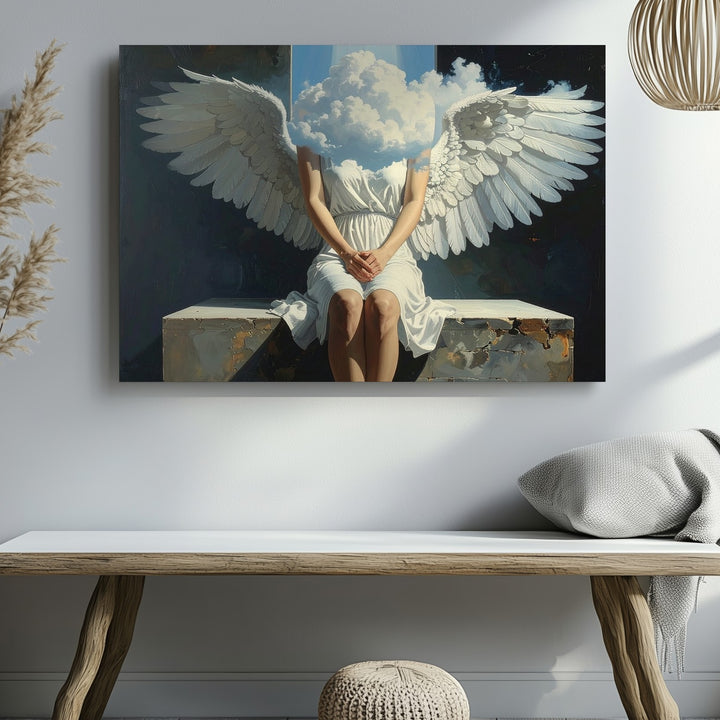 Cloud-Faced Angel Canvas – Surreal Divine Serenity Wall Art - Gifitto