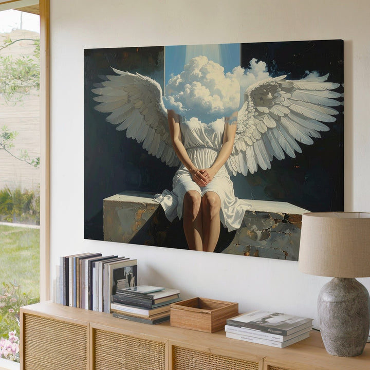 Cloud-Faced Angel Canvas – Surreal Divine Serenity Wall Art - Gifitto