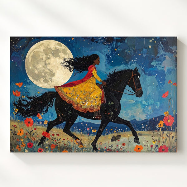 Moonlit Meadow Ride Canvas – Whimsical Girl & Horse Storybook Art - Gifitto