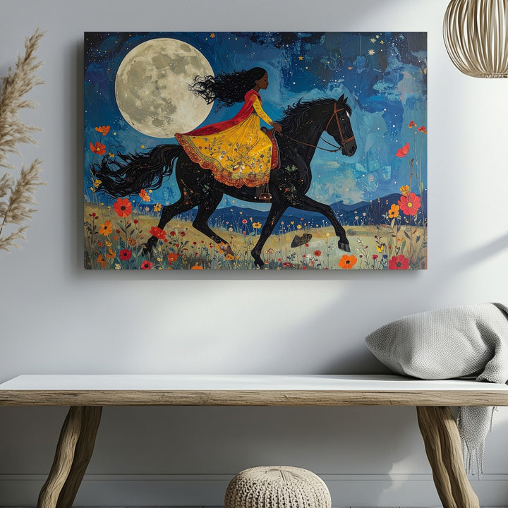 Moonlit Meadow Ride Canvas – Whimsical Girl & Horse Storybook Art - Gifitto