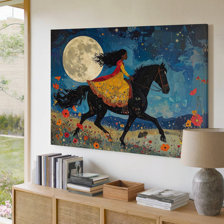 Moonlit Meadow Ride Canvas – Whimsical Girl & Horse Storybook Art - Gifitto