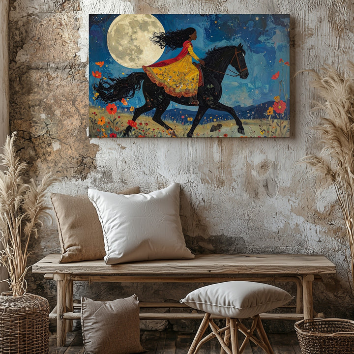 Moonlit Meadow Ride Canvas – Whimsical Girl & Horse Storybook Art - Gifitto