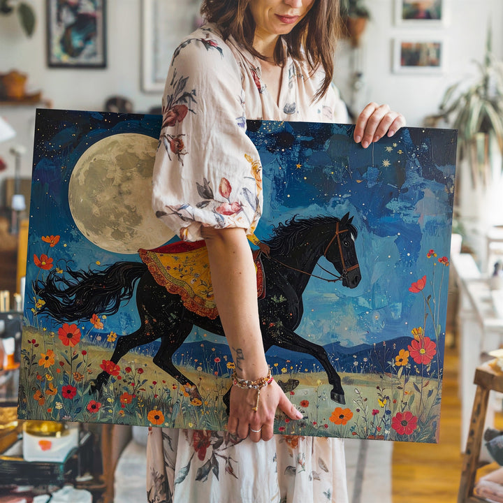 Moonlit Meadow Ride Canvas – Whimsical Girl & Horse Storybook Art - Gifitto