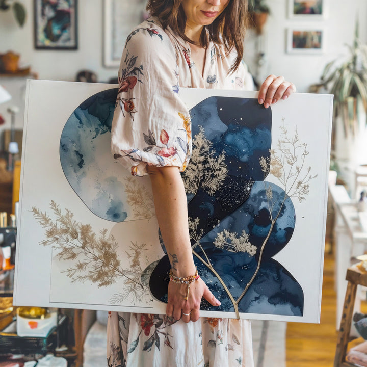 Nocturnal Bloom Abstract Canvas – Layered Indigo Shapes & Botanical Art - Gifitto