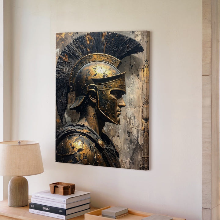 Bronze Warrior Bust Canvas – Detailed Greek/Roman Warrior in Corinthian Helmet - Gifitto