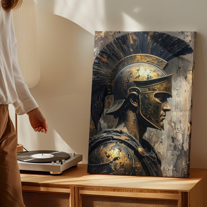 Bronze Warrior Bust Canvas – Detailed Greek/Roman Warrior in Corinthian Helmet - Gifitto