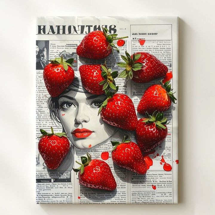 Red Strawberry Flat-Lay Canvas – Modern Photography with Russian Newspaper - Gifitto