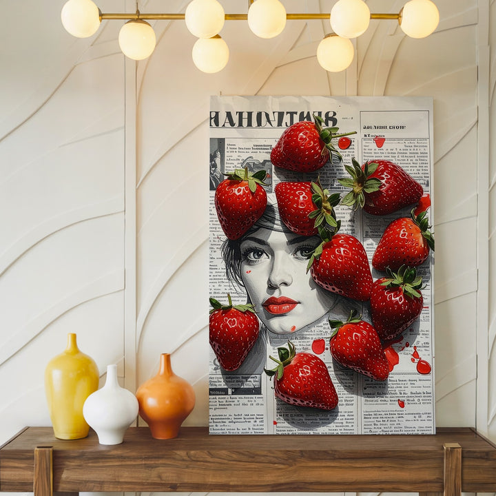 Red Strawberry Flat-Lay Canvas – Modern Photography with Russian Newspaper - Gifitto