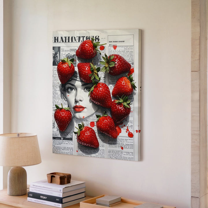 Red Strawberry Flat-Lay Canvas – Modern Photography with Russian Newspaper - Gifitto