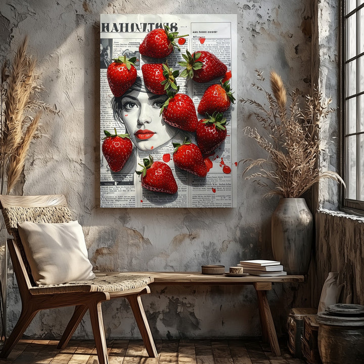 Red Strawberry Flat-Lay Canvas – Modern Photography with Russian Newspaper - Gifitto