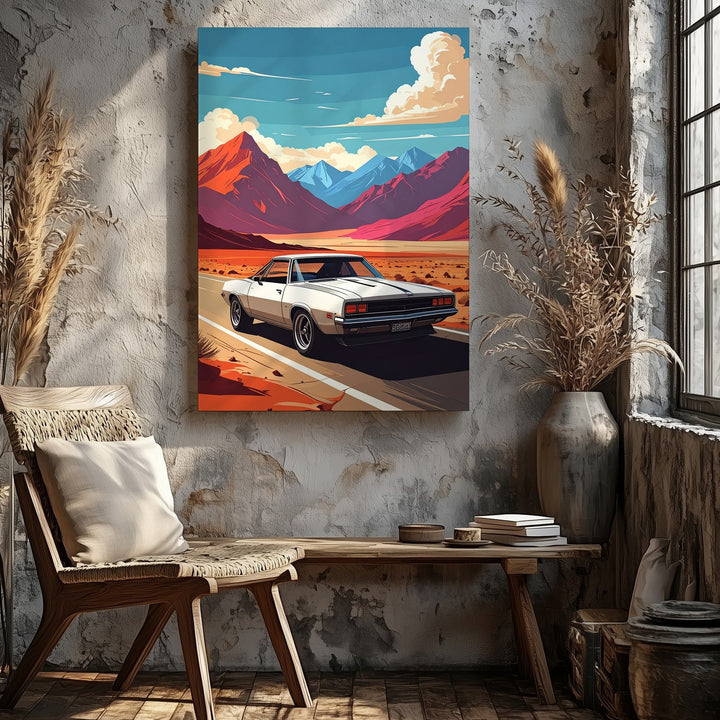 1970s Muscle Car Retro Poster Canvas – Desert Highway Adventure Art - Gifitto