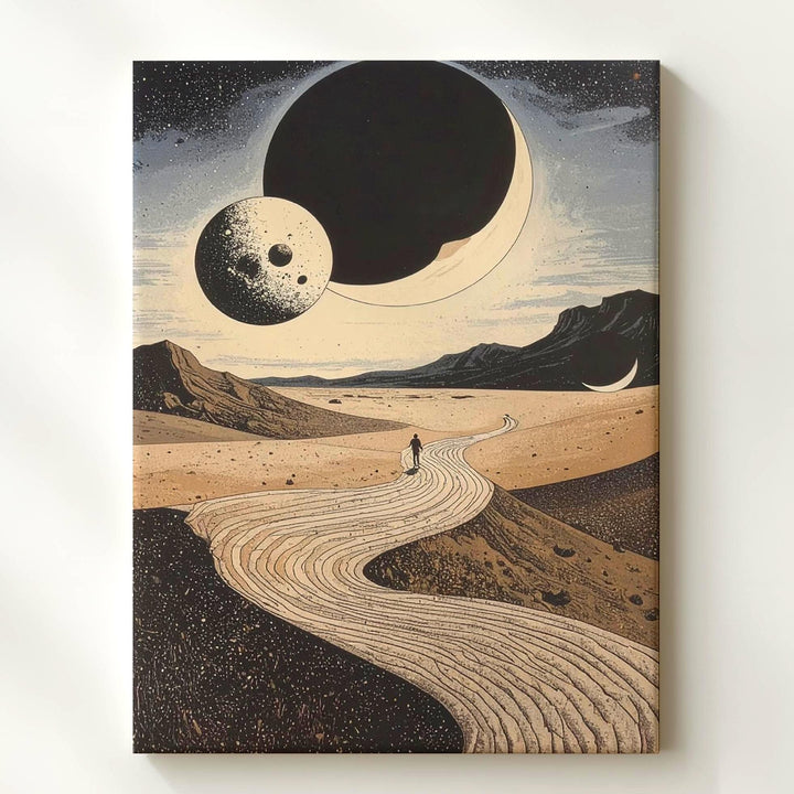 Cosmic Journey Canvas – Surreal Desert Landscape with Celestial Bodies - Gifitto