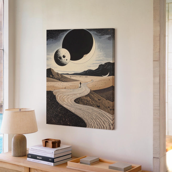 Cosmic Journey Canvas – Surreal Desert Landscape with Celestial Bodies - Gifitto