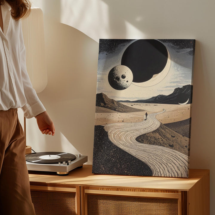 Cosmic Journey Canvas – Surreal Desert Landscape with Celestial Bodies - Gifitto