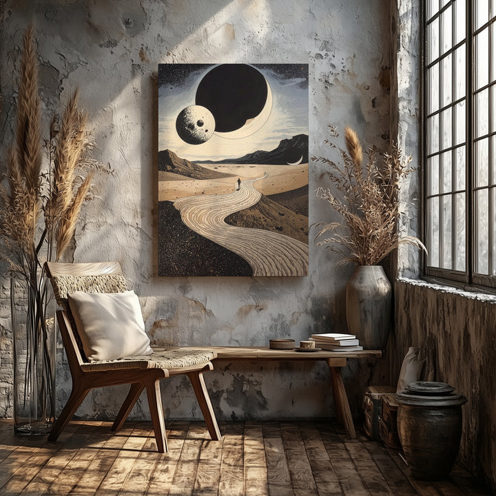 Cosmic Journey Canvas – Surreal Desert Landscape with Celestial Bodies - Gifitto