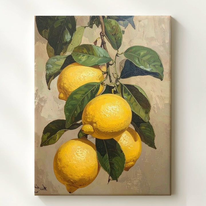 Lemon Branch Still Life Canvas – Realistic Painting of Ripe Lemons and Green Leaves - Gifitto