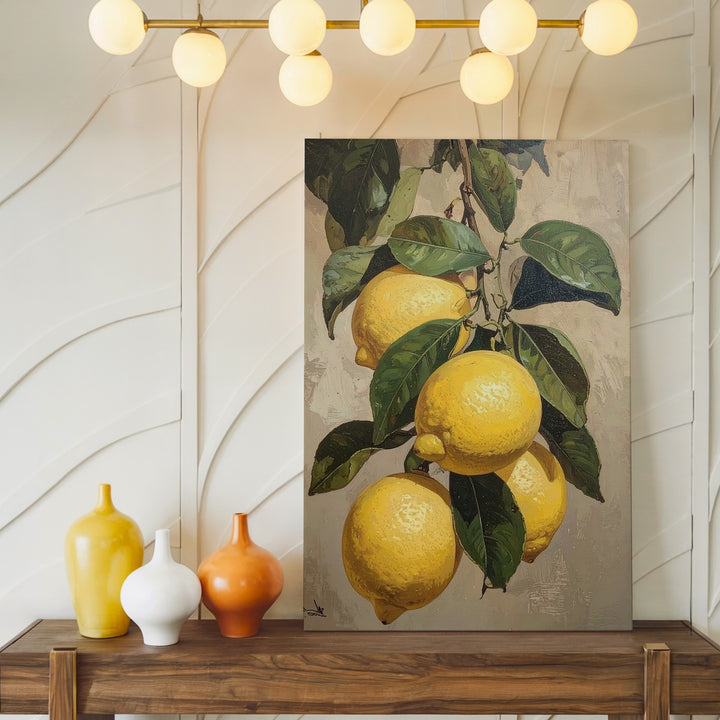 Lemon Branch Still Life Canvas – Realistic Painting of Ripe Lemons and Green Leaves - Gifitto