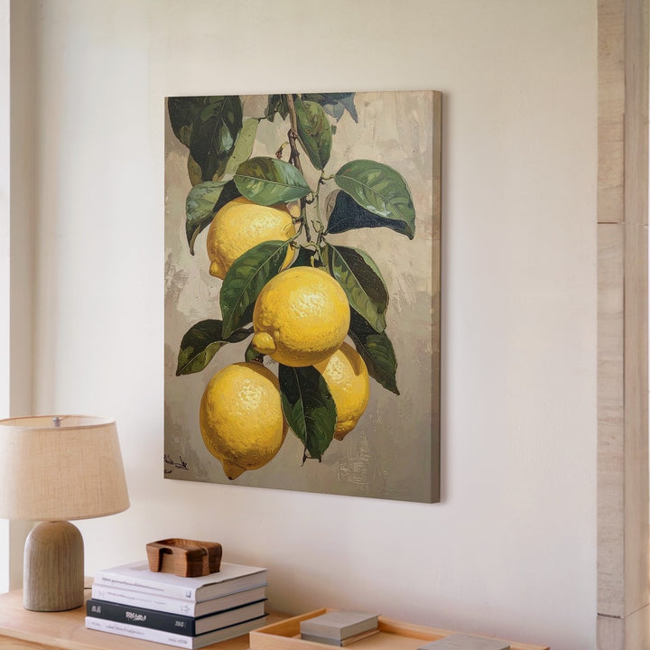 Lemon Branch Still Life Canvas – Realistic Painting of Ripe Lemons and Green Leaves - Gifitto