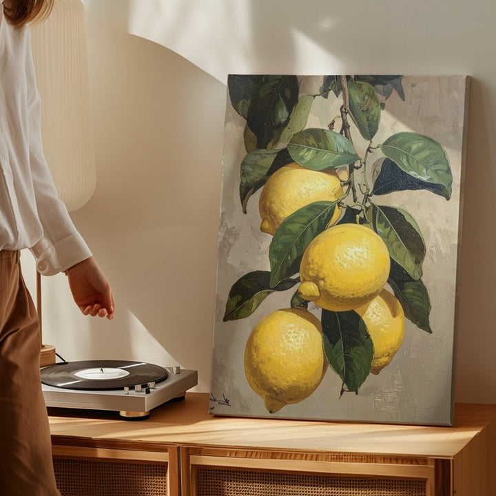 Lemon Branch Still Life Canvas – Realistic Painting of Ripe Lemons and Green Leaves - Gifitto