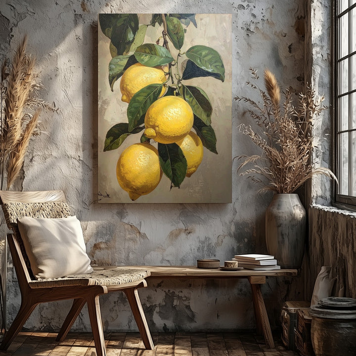 Lemon Branch Still Life Canvas – Realistic Painting of Ripe Lemons and Green Leaves - Gifitto